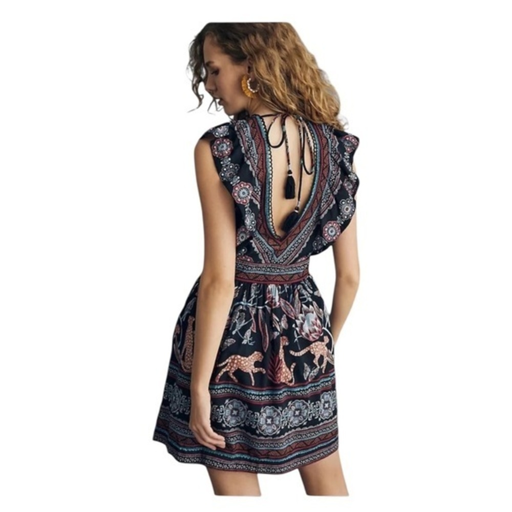 Anthropologie Plunge Tunic Mini Bohemian Black and Blue V-Neck Dress Sz SP